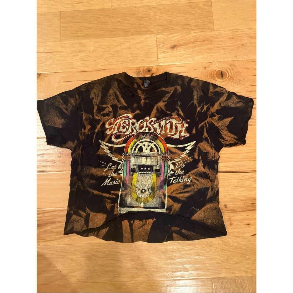 Aerosmith Bleach Tie Dye Cropped Graphic Band Tee Black Vintage Style